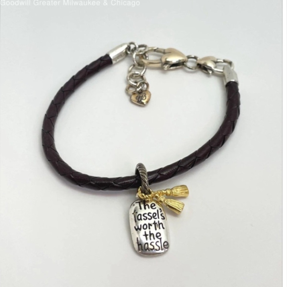 Brighton Designer Silver Tone Brown Cord Single Charm Bracelet 1738